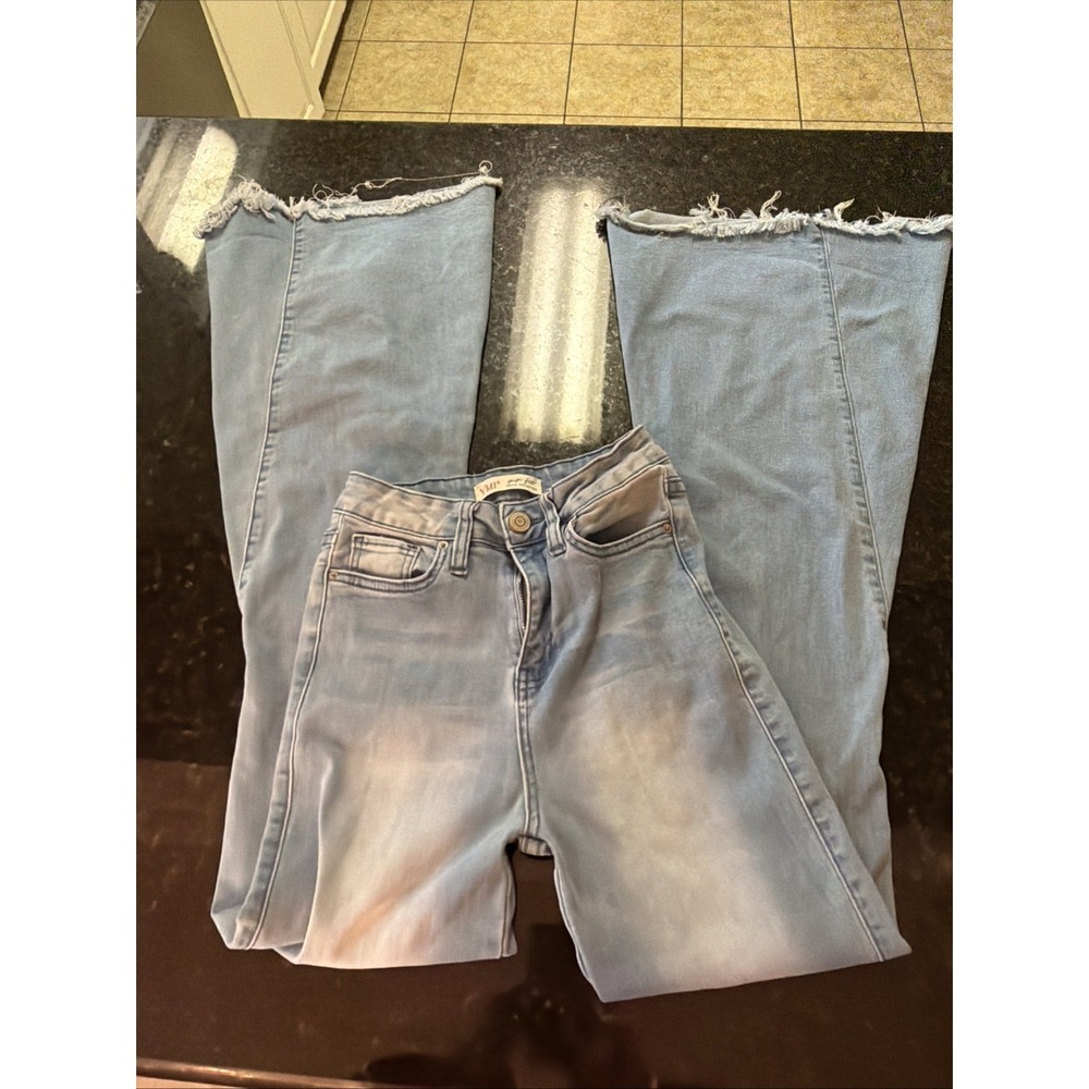 YMI Extreme Flare Jeans Women's 3/26 Gigi Fit Blue Color Raw Hem Stretch Denim
